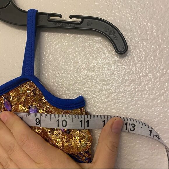 Glamour dance costume solo gold sequin blue feather sassy salsa jazz MC child - Picture 8 of 11